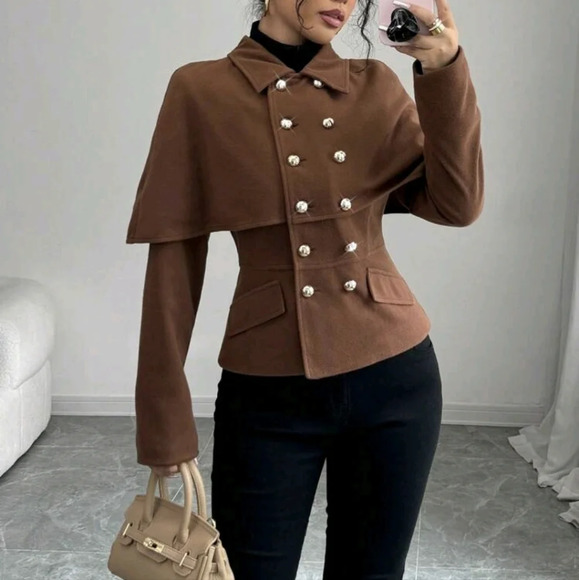 Jackets & Blazers - Collared Double Breasted Fitted Cape Jacket